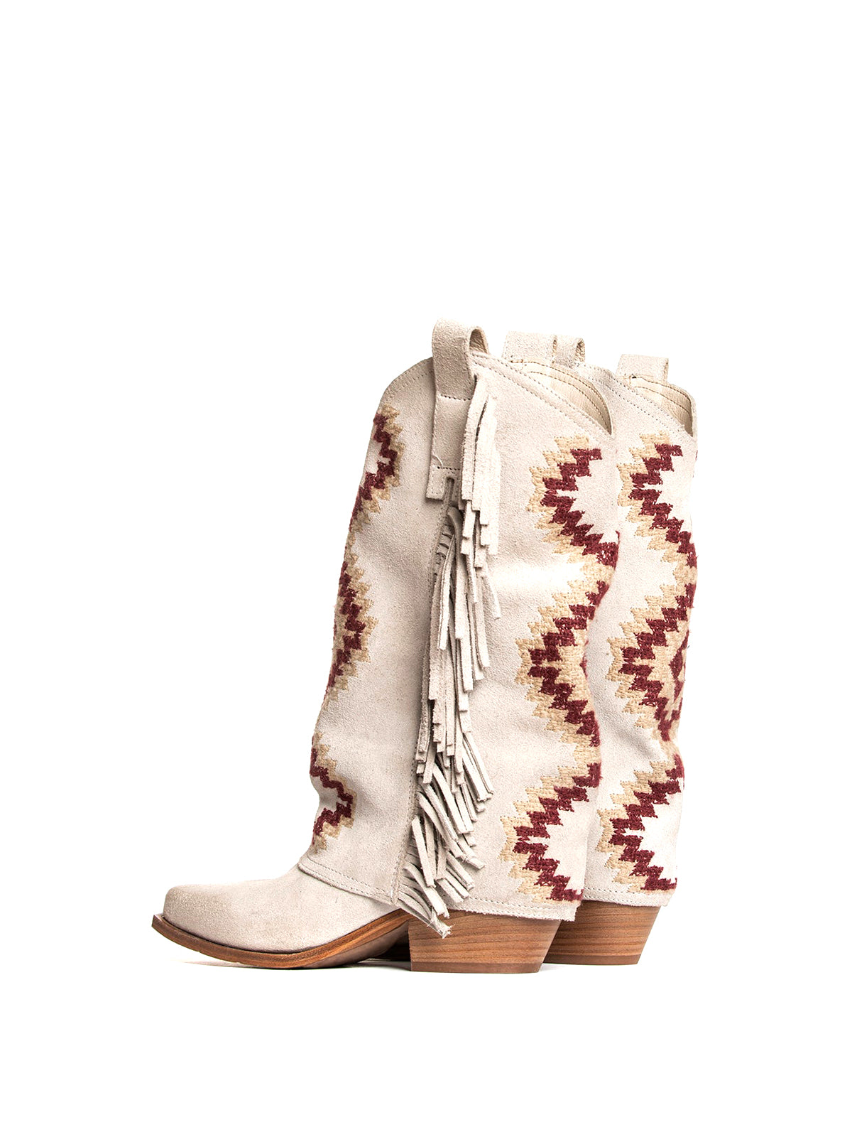 Side Fringe Snip-Toe Embroidery Fold-Over Mid Calf Cowgirl Boots - Ivory Faux Suede