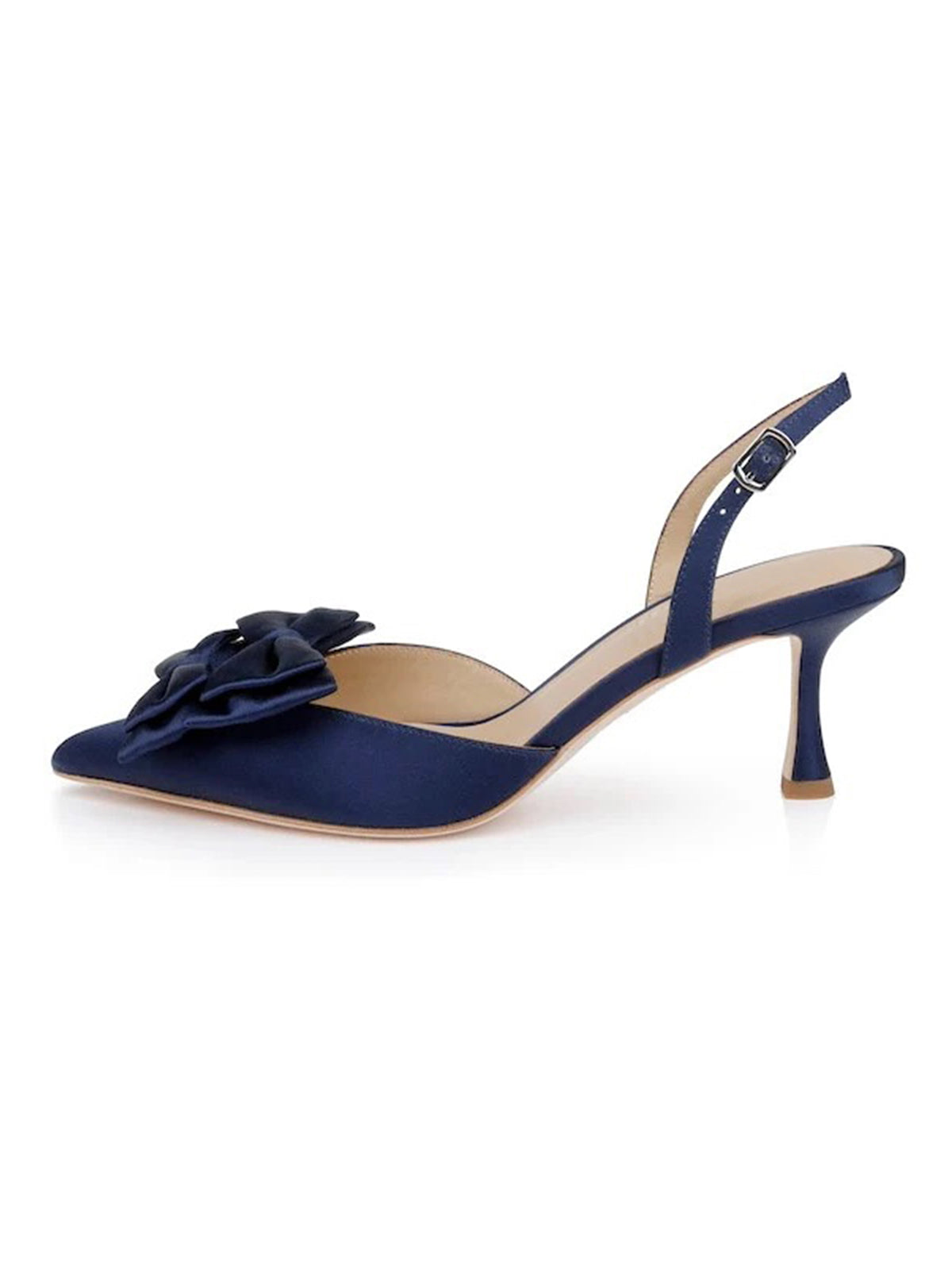 Dark Blue Satin Pointed-Toe Front Double Bows Slingback High Heels