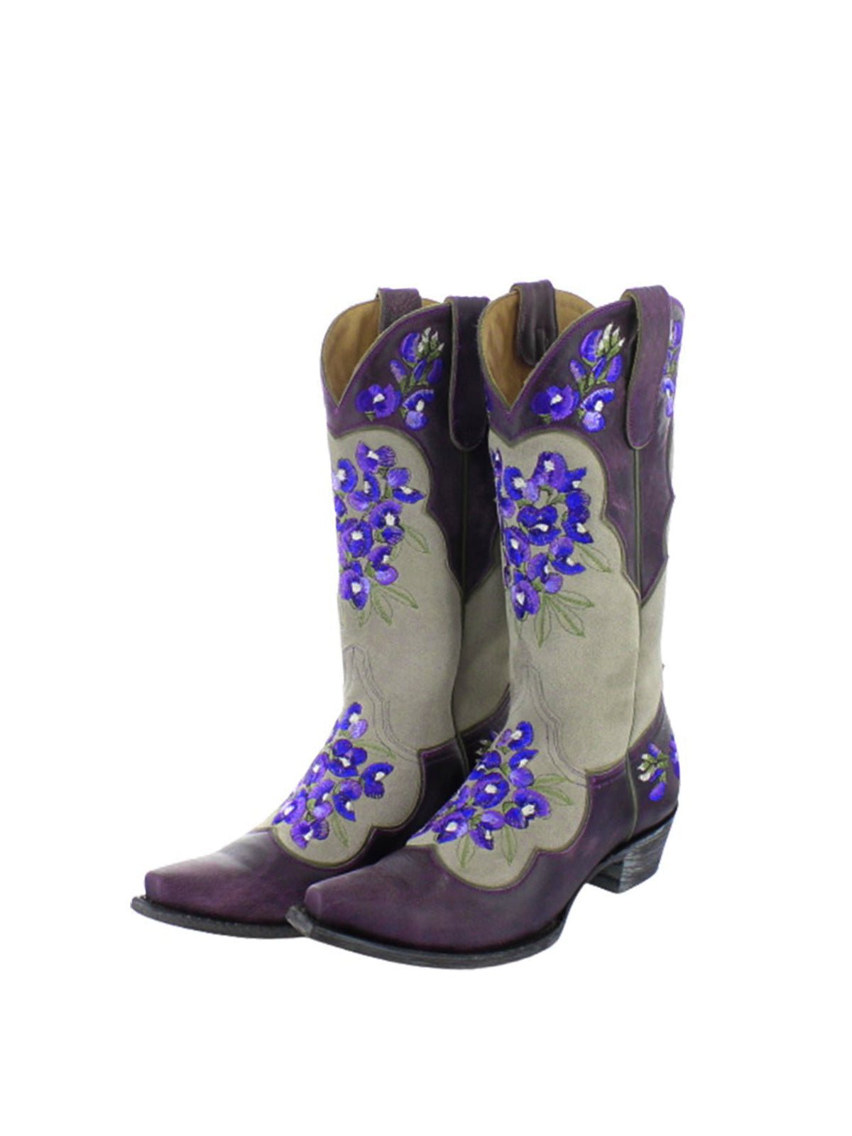 Contrast Beige And Purple Snip-Toe Blue Flowers Embroidery Mid Calf Cowgirl Boots