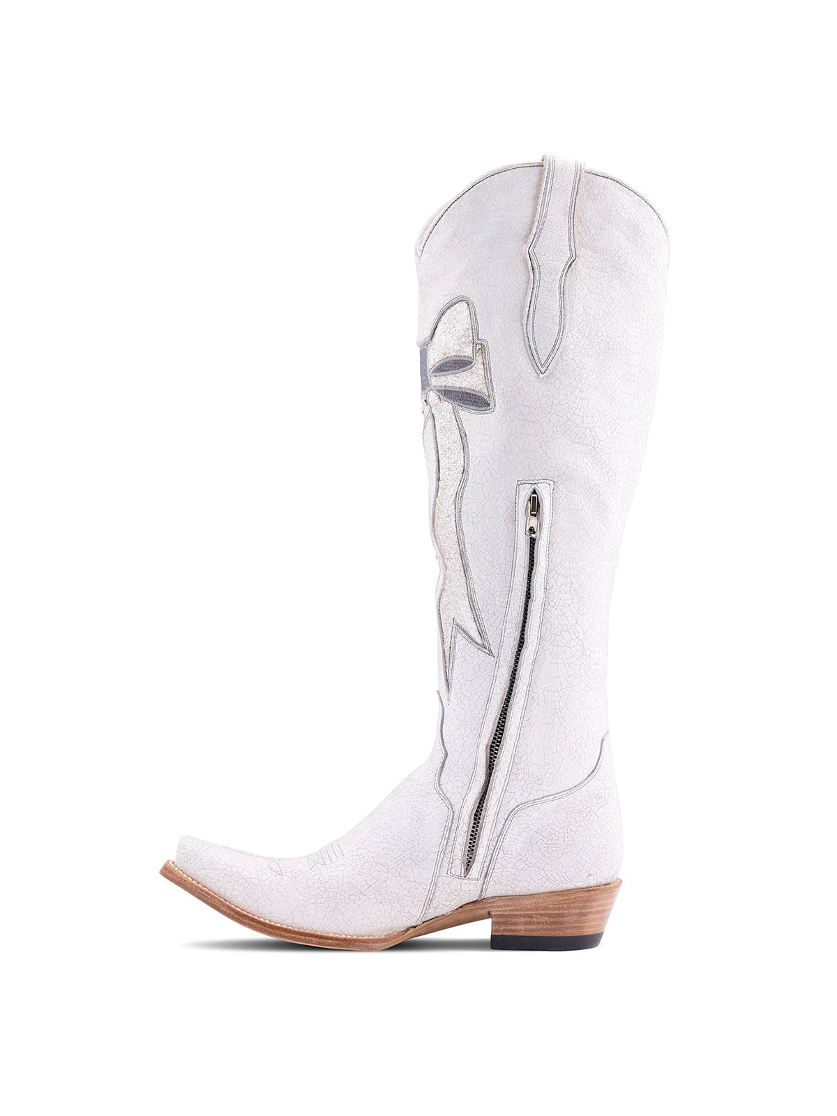 Distressed White Snip-Toe Silver Bowknot Inlay With Studs Half-Zip Knee High Cowgirl Boots