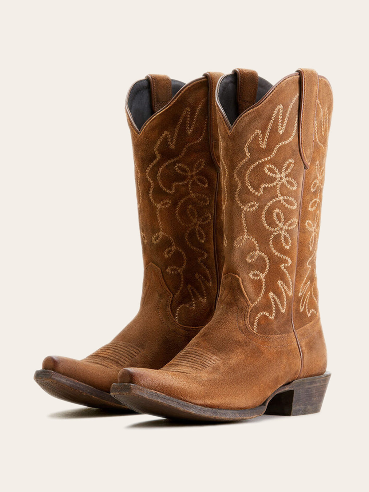 Faux Suede Embroidery Snip-Toe Wide Mid Calf Cowgirl Boots - Brown