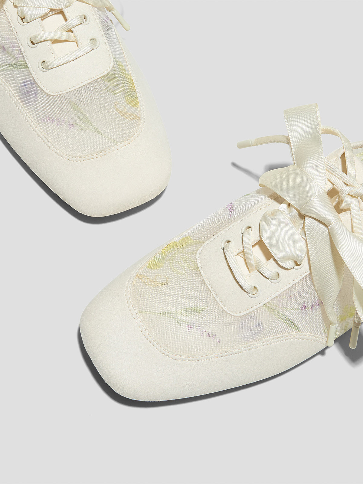 Cream Mesh And Faux Suede Square-Toe Floral Embroidery Lace-Up Flats