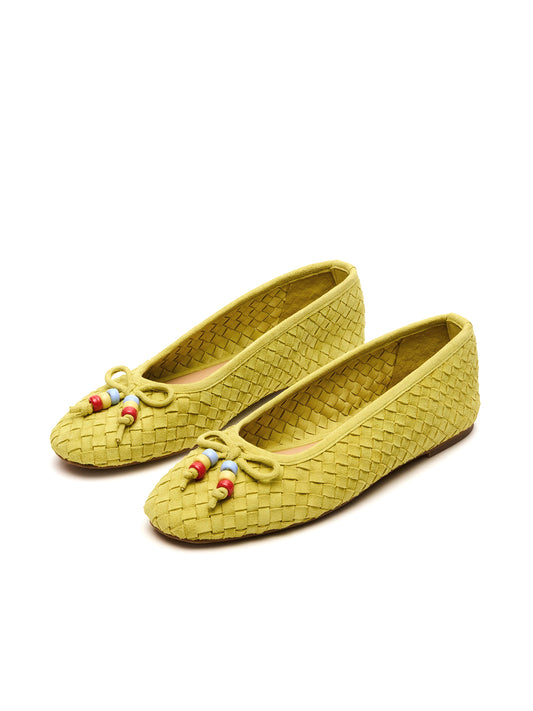 Lime Yellow Faux Suede Woven Square-Toe Front Bow Slip-On Ballet Flats