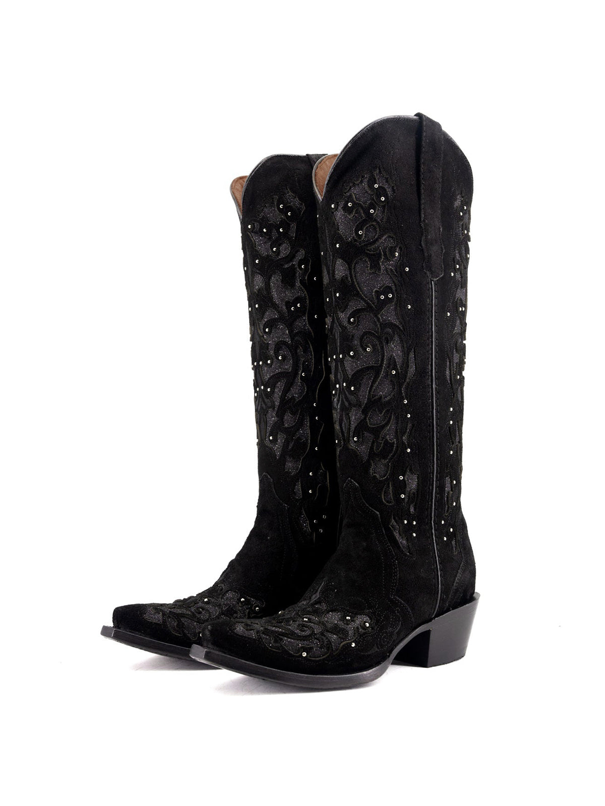Black Faux Suede Snip-Toe Glitter Inlay And Studs Half-Zip Knee High Cowgirl Boots