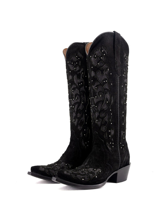 Black Faux Suede Snip-Toe Glitter Inlay And Studs Half-Zip Knee High Cowgirl Boots