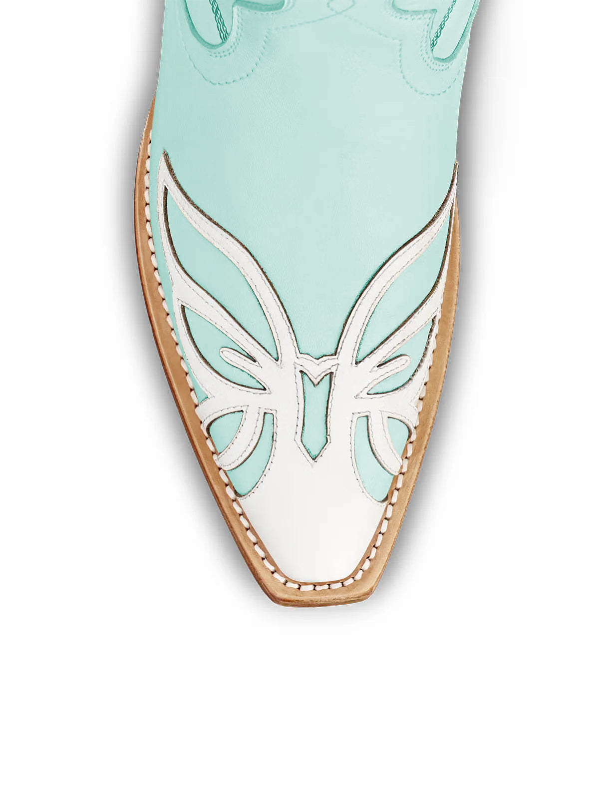 Light Cyan Snip-Toe Flower Applique Mid Calf Pull On Cowgirl Boots