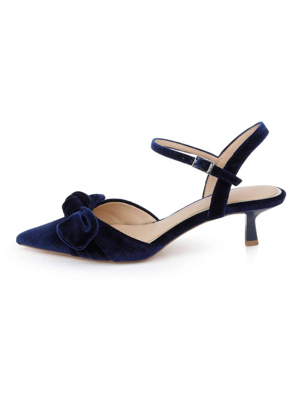 Navy Velvet Pointed-Toe Front Bow Crossed Slingback Chic Kitten Heels