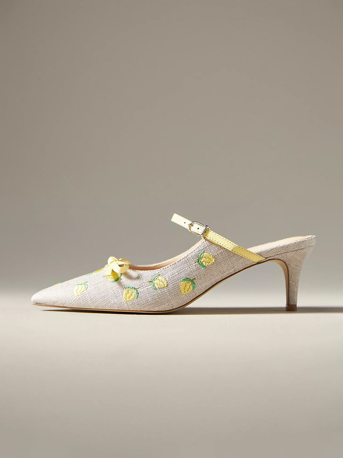 Green Canvas Pointed-Toe Lemon Embroidery Bridge Strap Kitten Heels With Bow