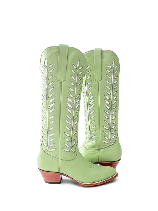 Almond-Toe White Leaves Inlay Wide Calf Tall Knee High Cowgirl Boots - Green