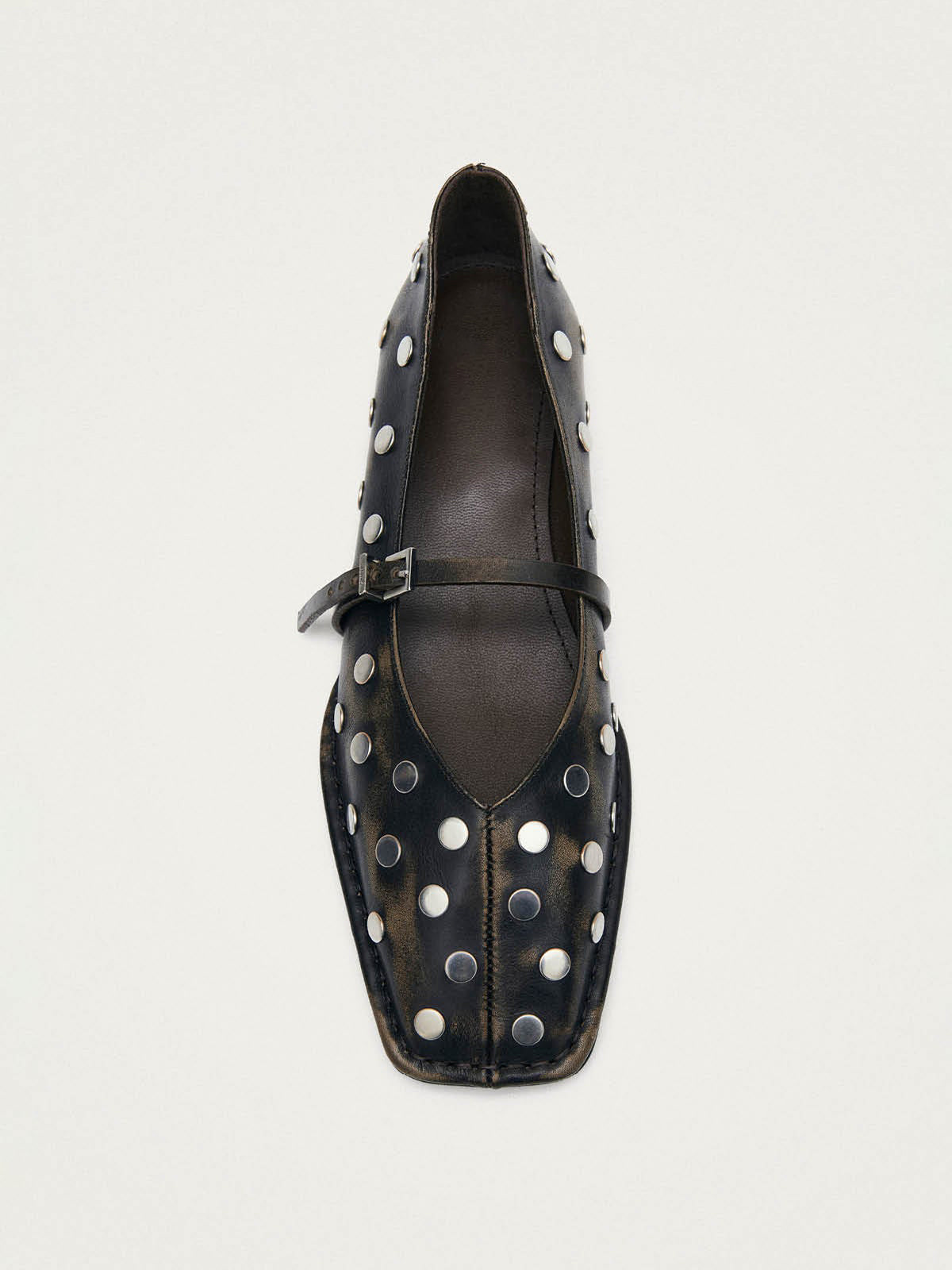 Dark Brown Square-Toe Middle Strap Simple Studs Ballet Flats