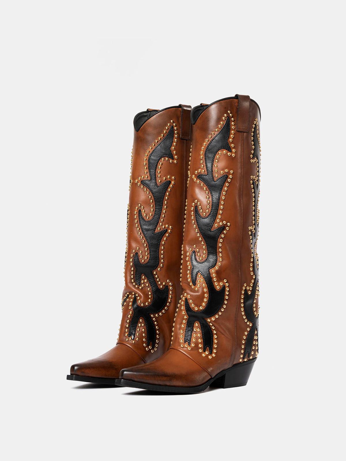 Brown Snip-Toe Inlays Studs Wide Calf Knee High Cowgirl Boots
