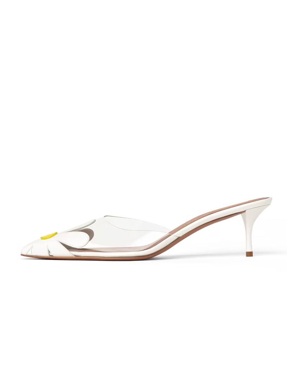 Patent White Flower And TPU Transparent Film Pointed-Toe Slip-On Kitten Heels