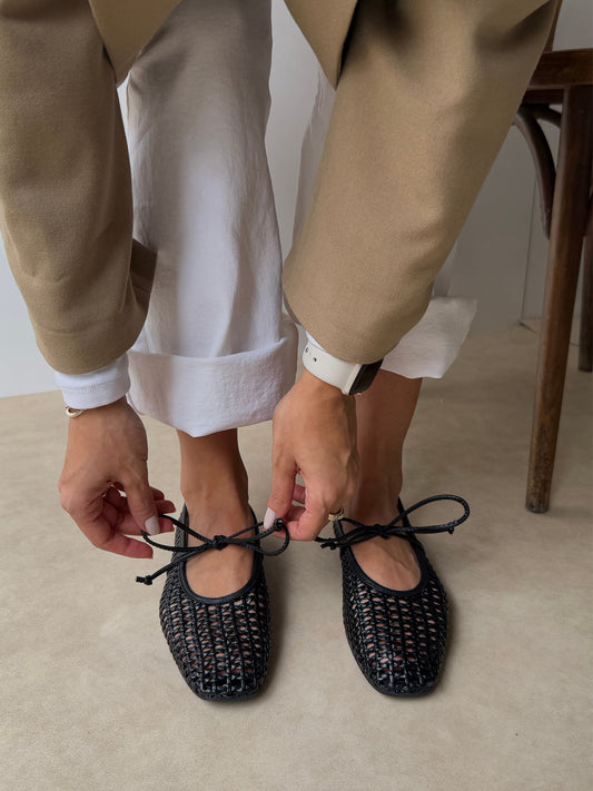 Black Woven Vegan Leather Square-Toe Mary Jane Stylish Ballet Flats