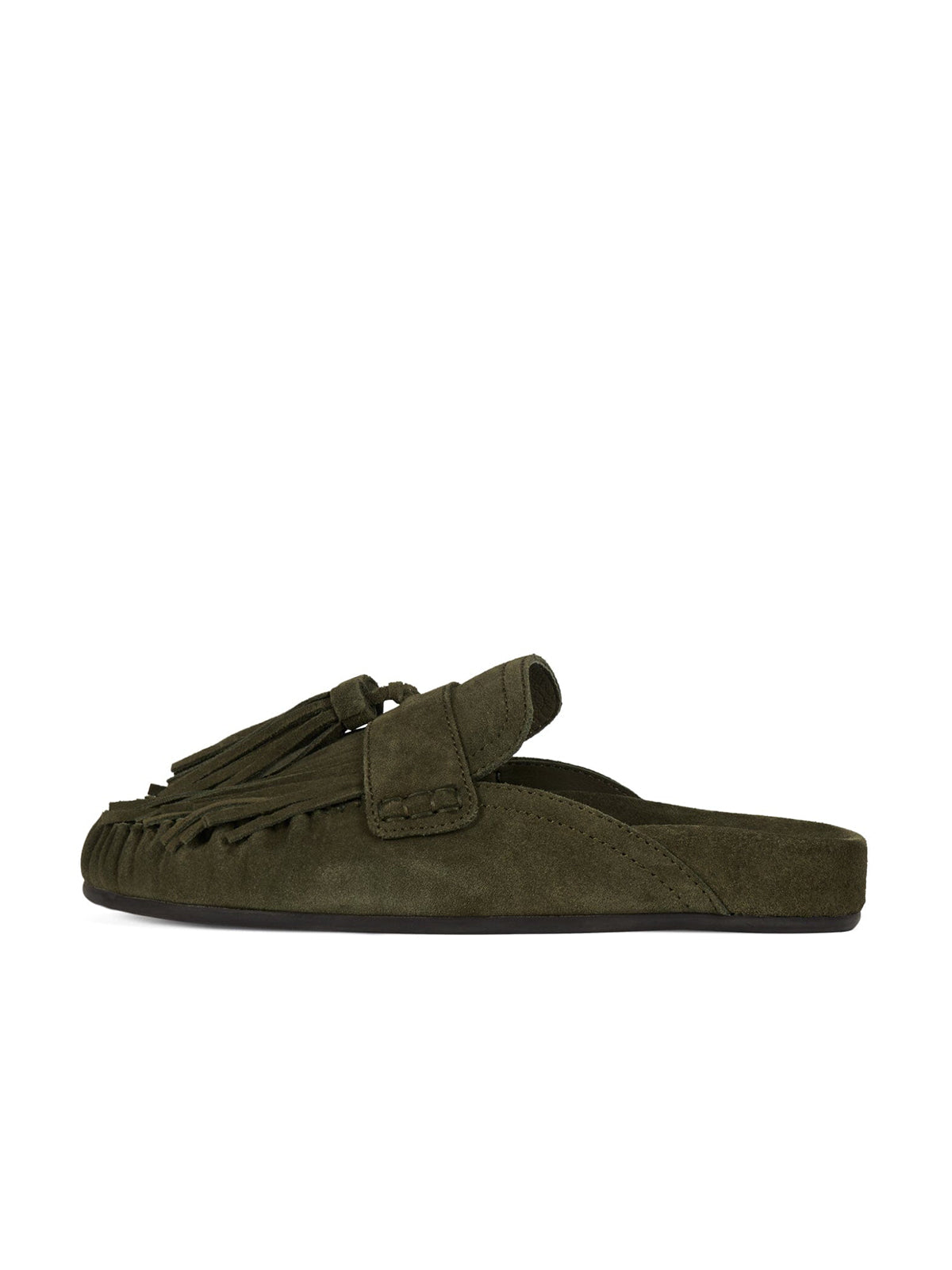 Brown Faux Suede Round-Toe Front Fringe Backless Slip-On Flats