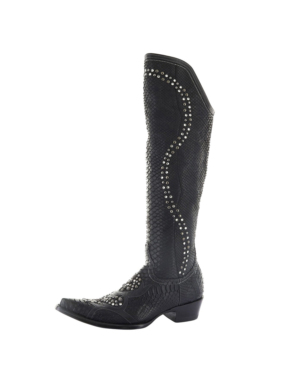 Black Snakeskin Print Pointed-Toe Rhinestones And Studs Half-Zip Knee High Cowgirl Boots