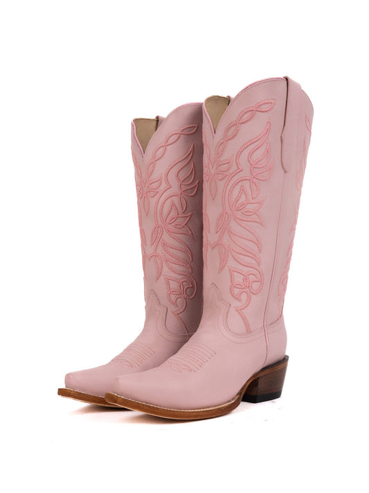 Pink Snip-Toe Chic Embroidery Half-Zip Western Mid Calf Cowgirl Boots