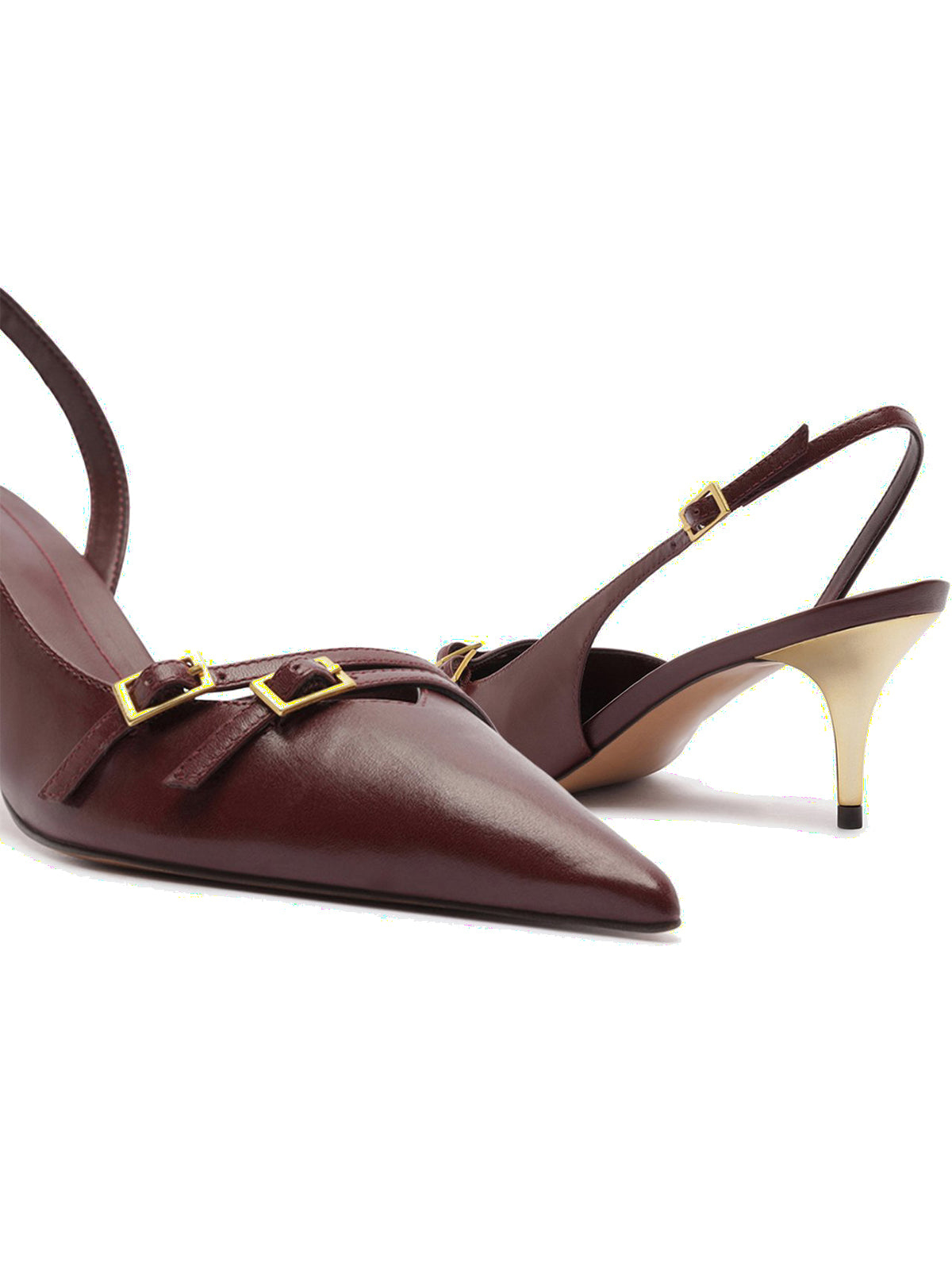 Burgundy Pointed-Toe Front Double Buckle Straps Buckle Slingback Kitten Heels
