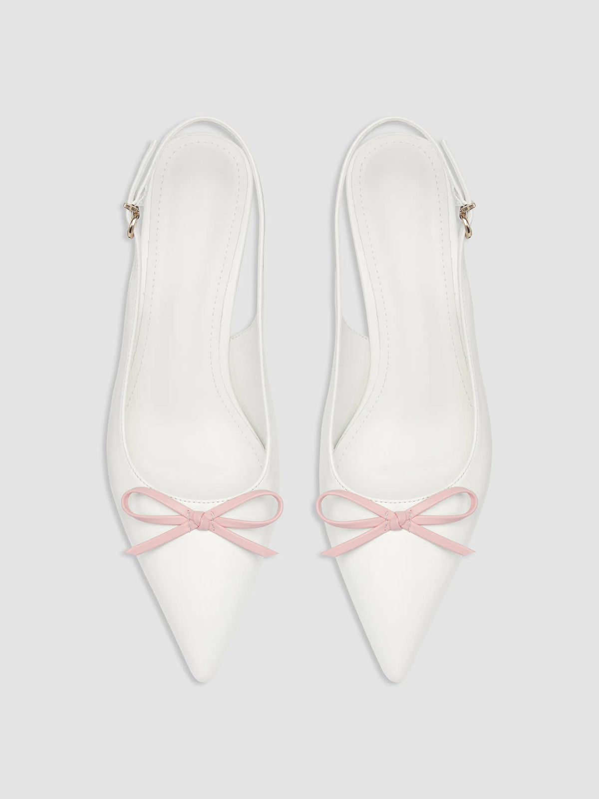White Pointed-Toe Front Bow Buckle Back Strap Kitten Heels