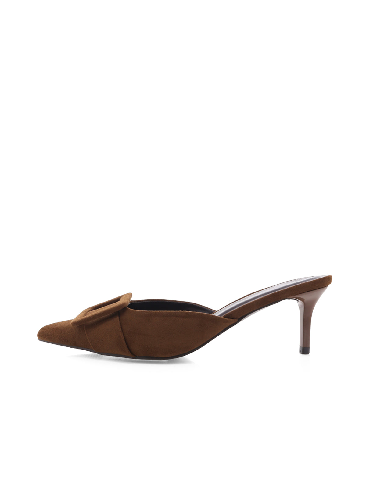 Dark Brown Faux Suede Pointed-Toe Simple Slip-On Kitten Heels