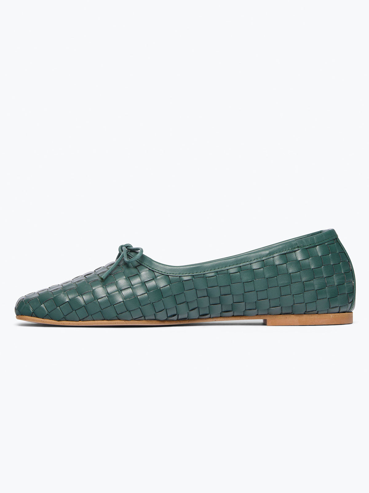 Green Woven Vegan Leather Square-Toe Front Bow Slip-On Ballet Flats