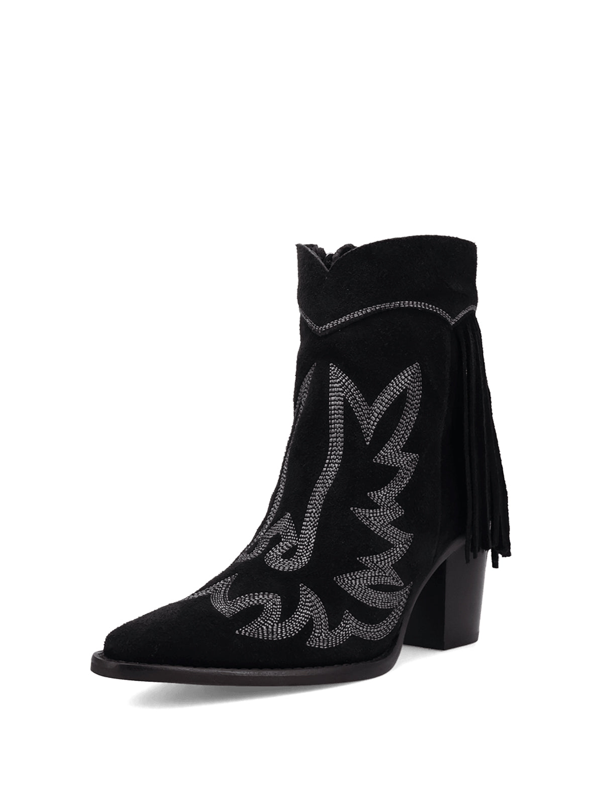 Black Faux Suede Snip-Toe Back Fringe Full-Zip Ankle Cowgirl Boots