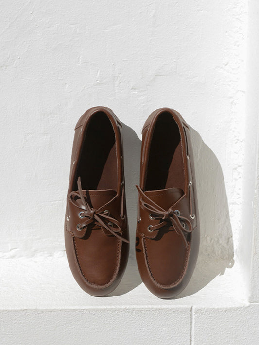 Coffee Round-Toe Lace-Up Classic Boat Shoes Flats