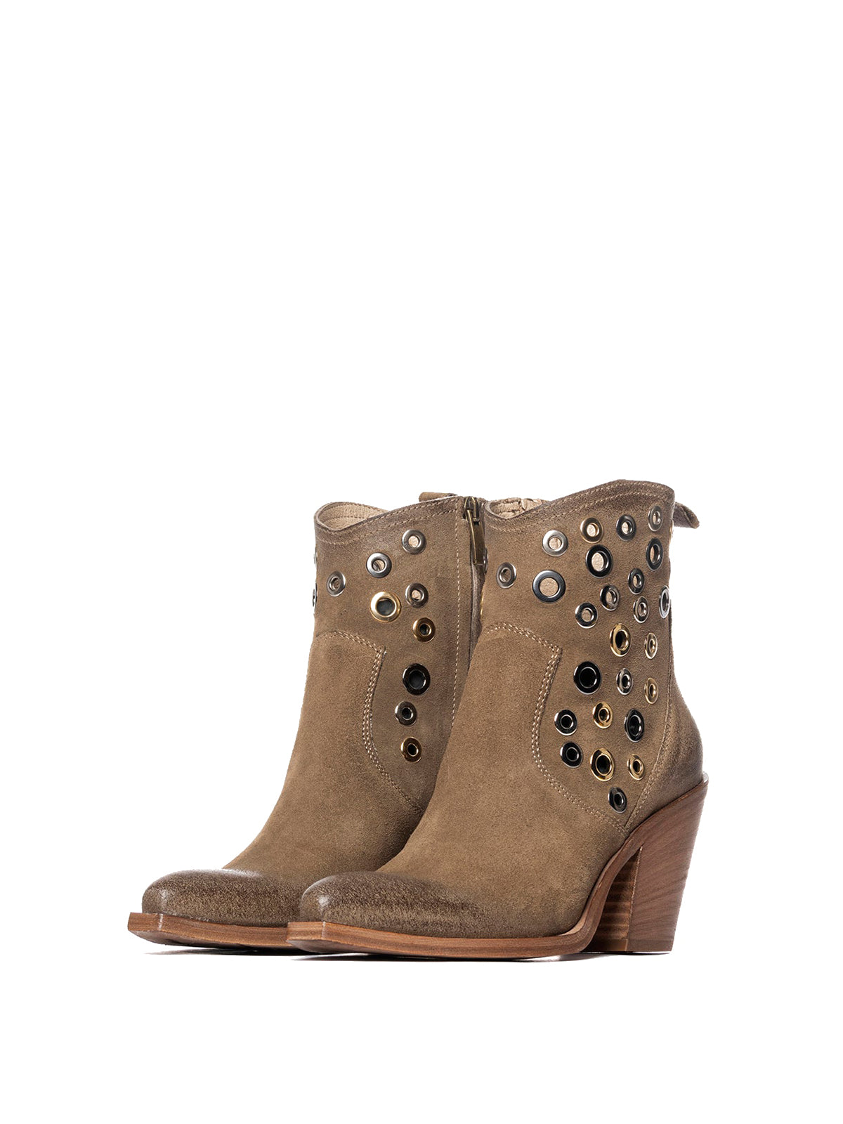 Tan Faux Suede Snip-Toe Eyelets Full-Zip Ankle Cowgirl Boots