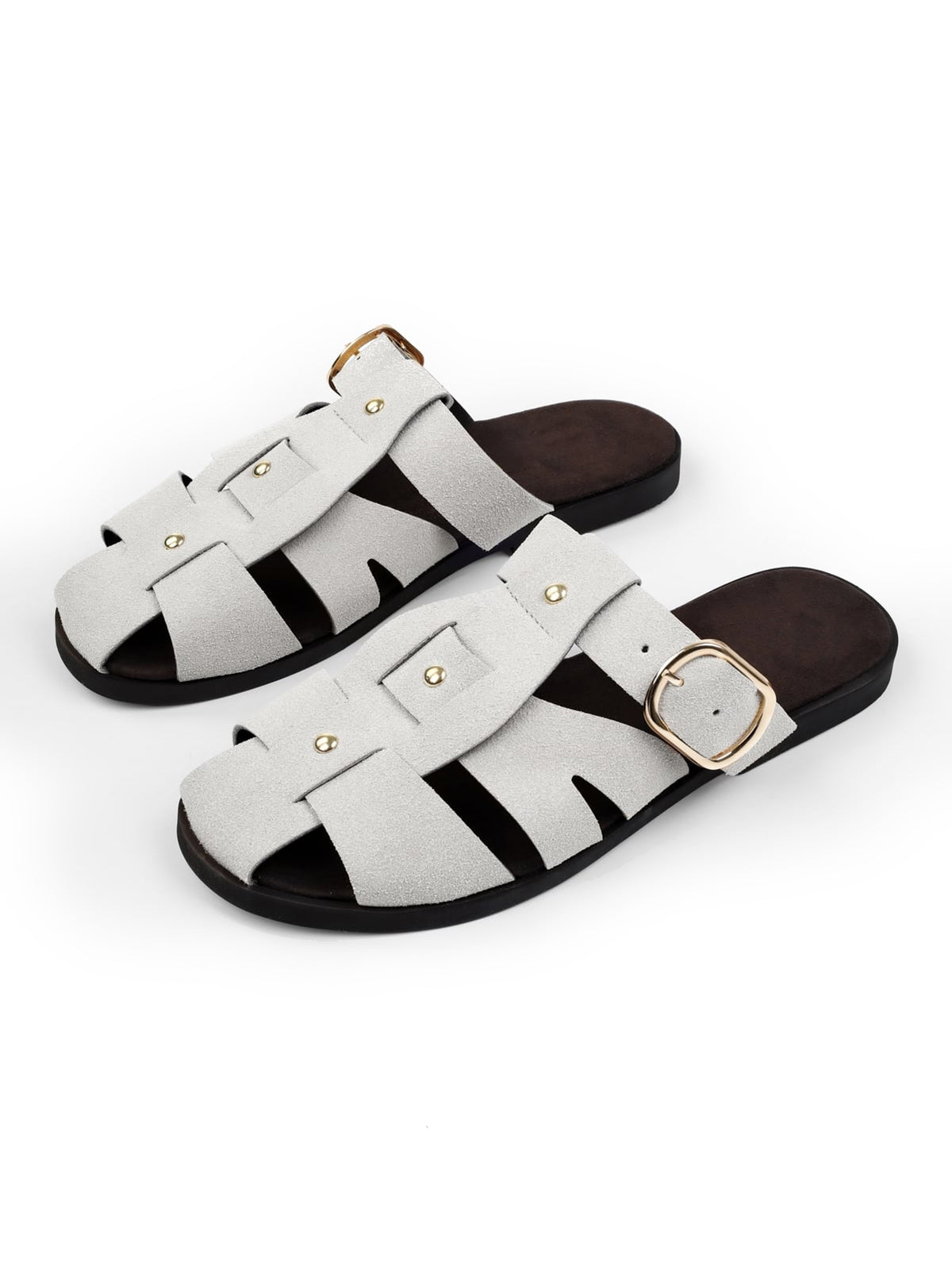 Gray Cow Suede Round-Toe Caged Detail And Studs Backless Flats