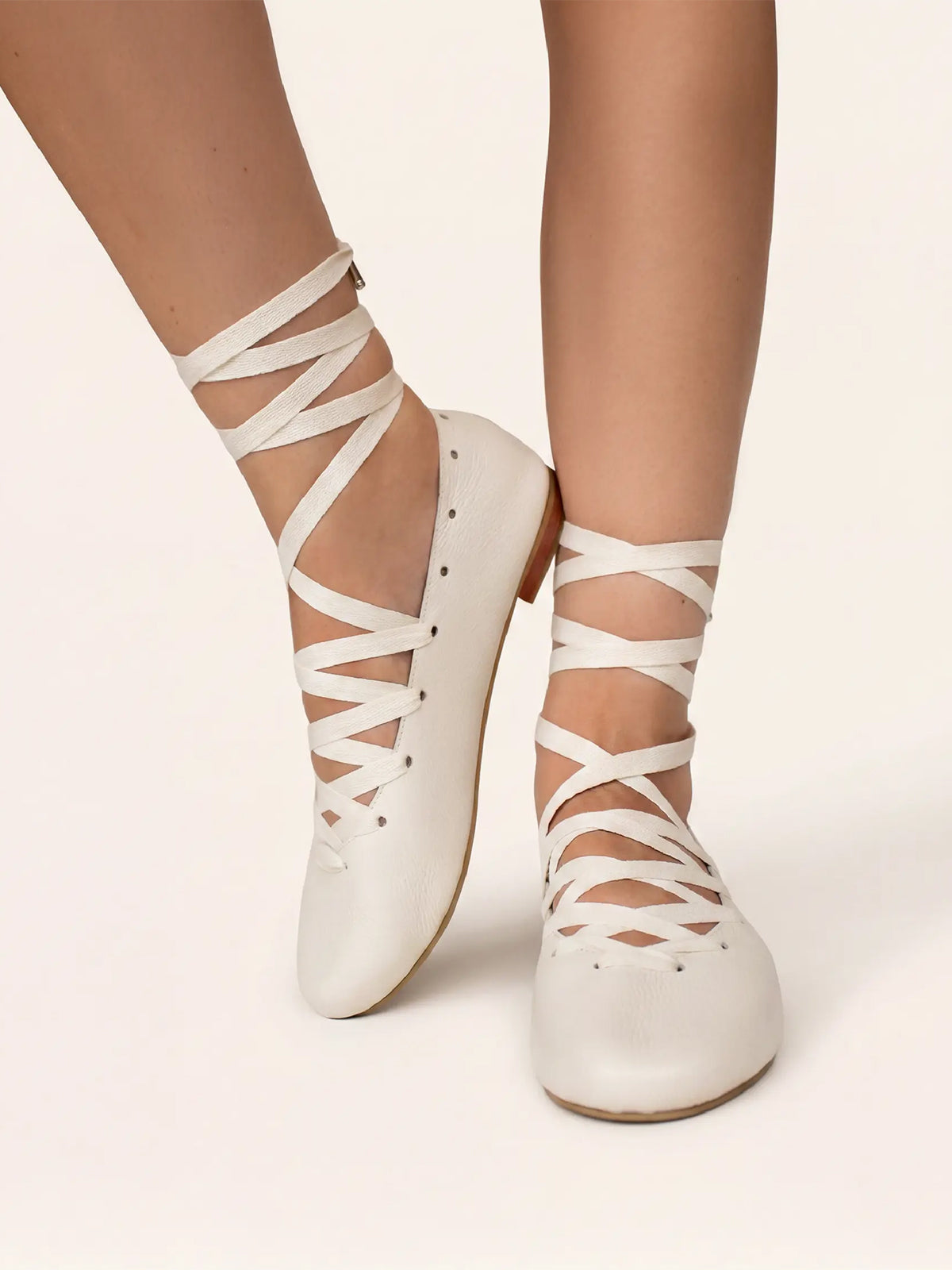 Ivory Round-Toe Lace-Up Stylish Ballet Flats