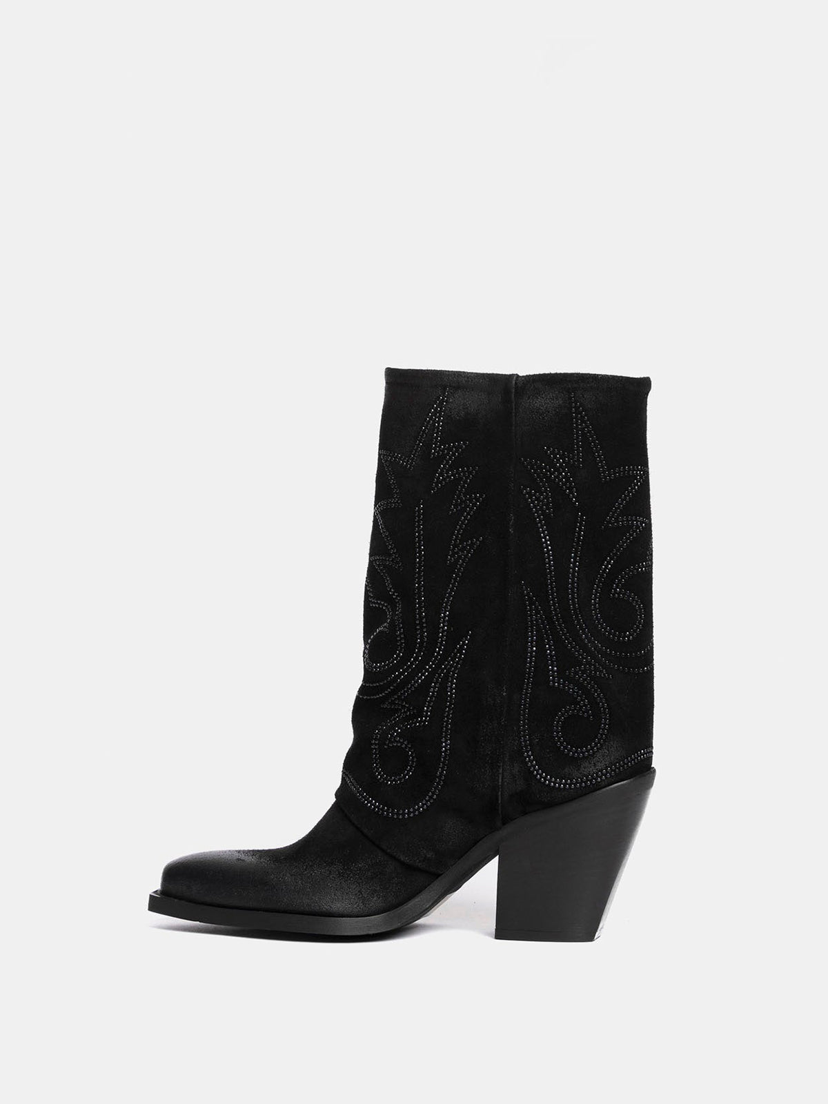 Black Snip-Toe Faux Suede Embroidery Mid Calf Cowgirl Boots