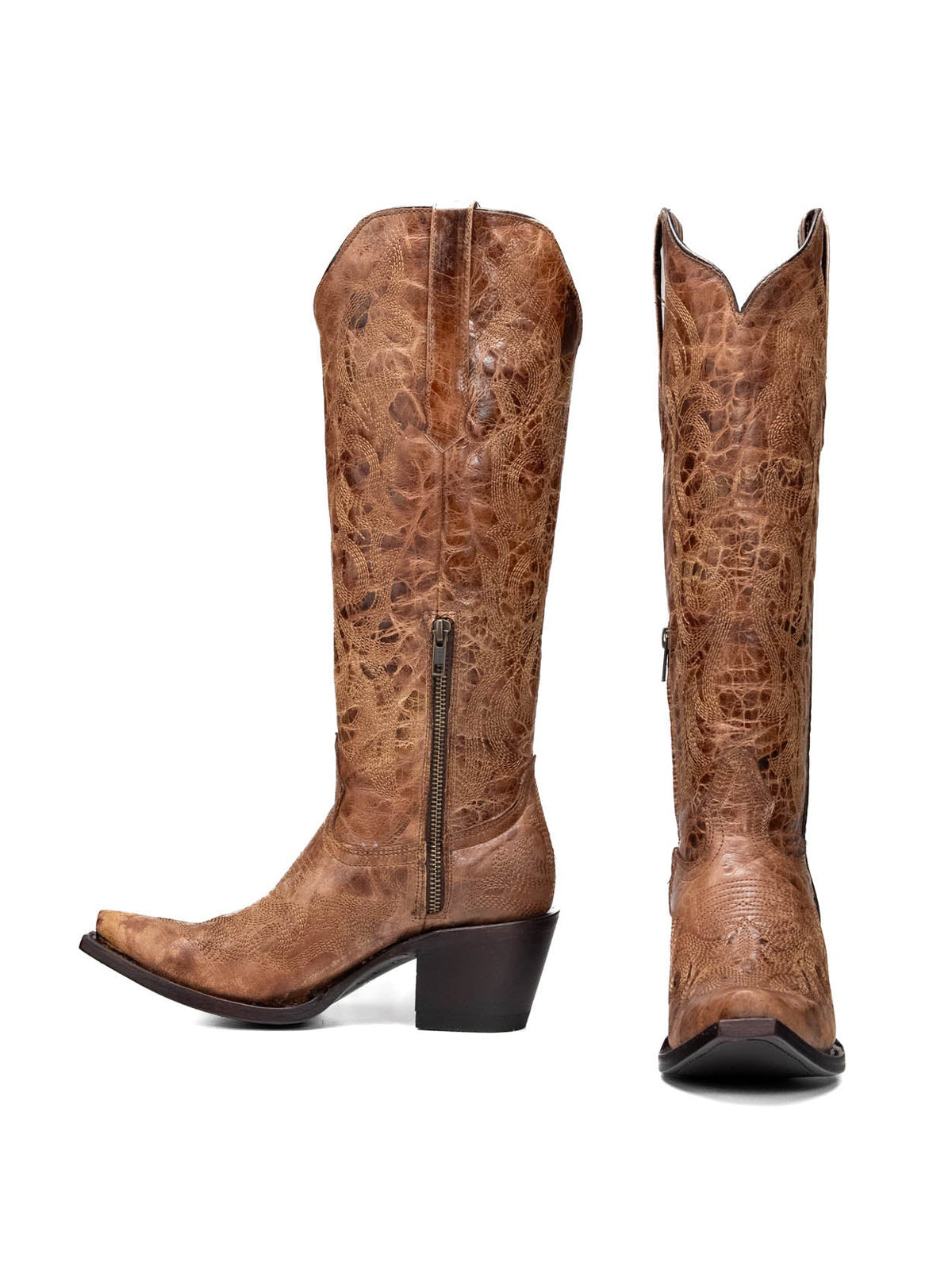 Snip-Toe Chic Embroidery Half-Zip Knee High Cowgirl Boots For Woman - Distressed Brown