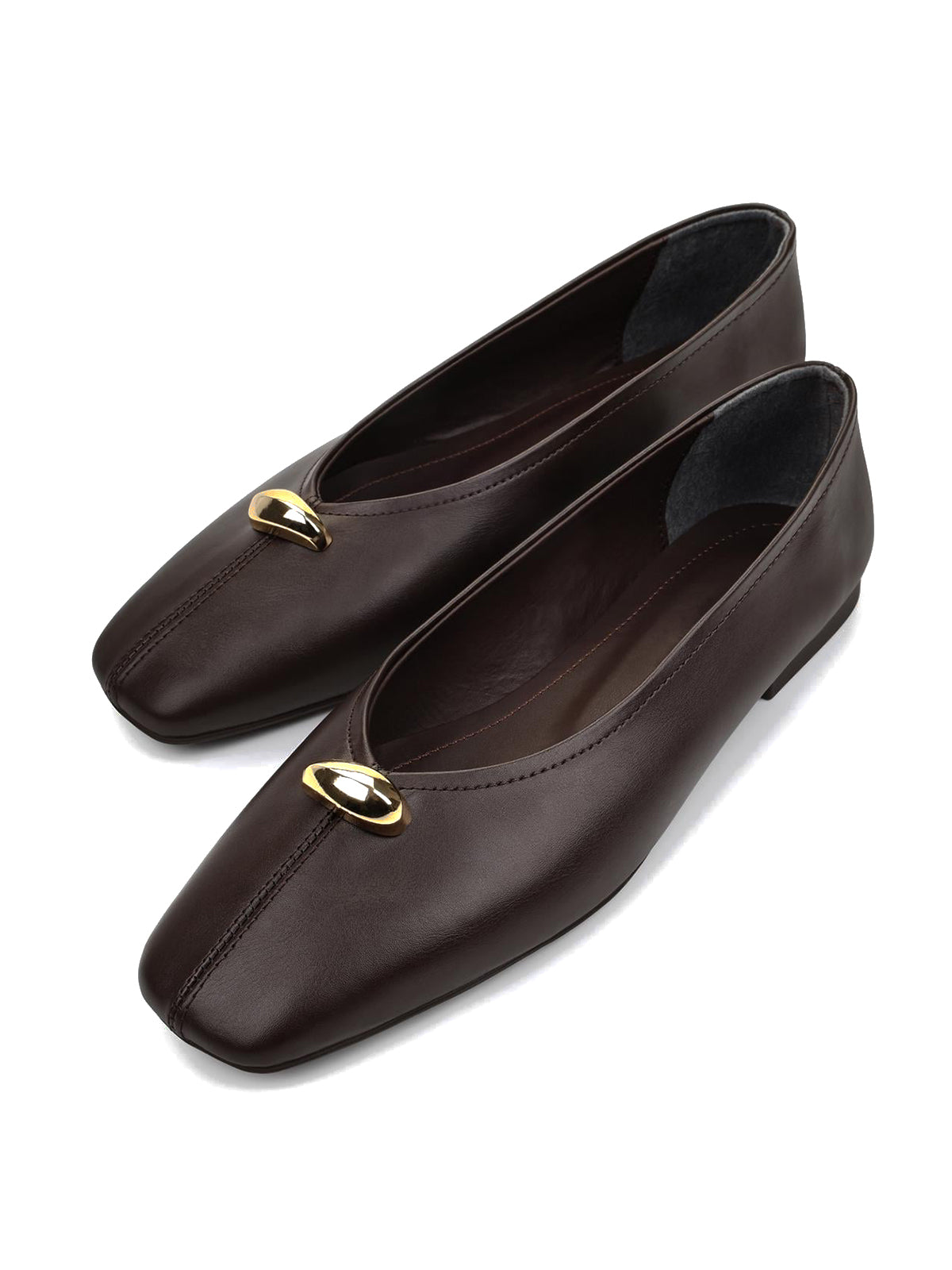 Coffee Square-Toe Front Gold Metal Detail Slip-On Flats