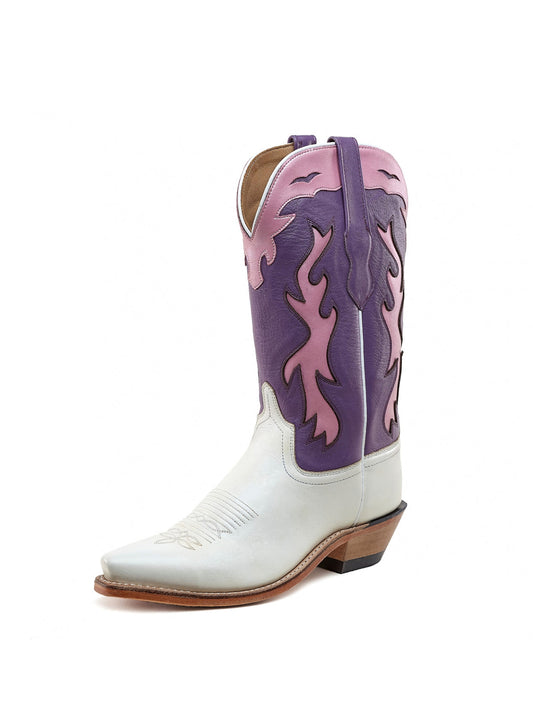 Purple And White Snip-Toe Flame Embroidery Mid Calf Cowgirl Boots