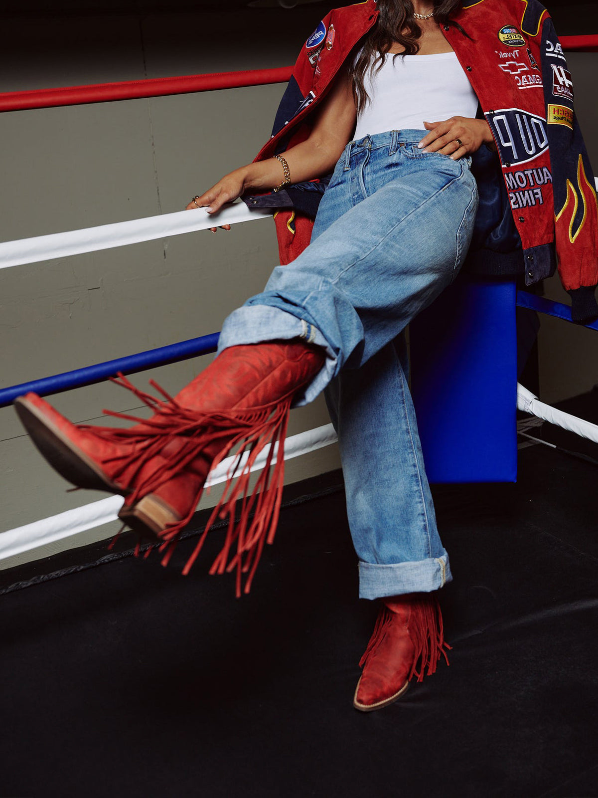 Red Snip-Toe Faux Suede Side Fringe Embroidery Wide Calf Knee High Cowgirl Boots