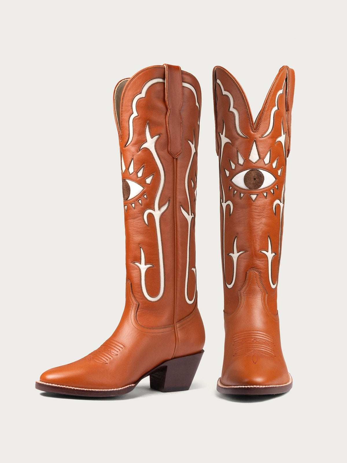 Caramel Almond-Toe Evil Eye Inlay Wide Calf Knee High Western Cowgirl Boots