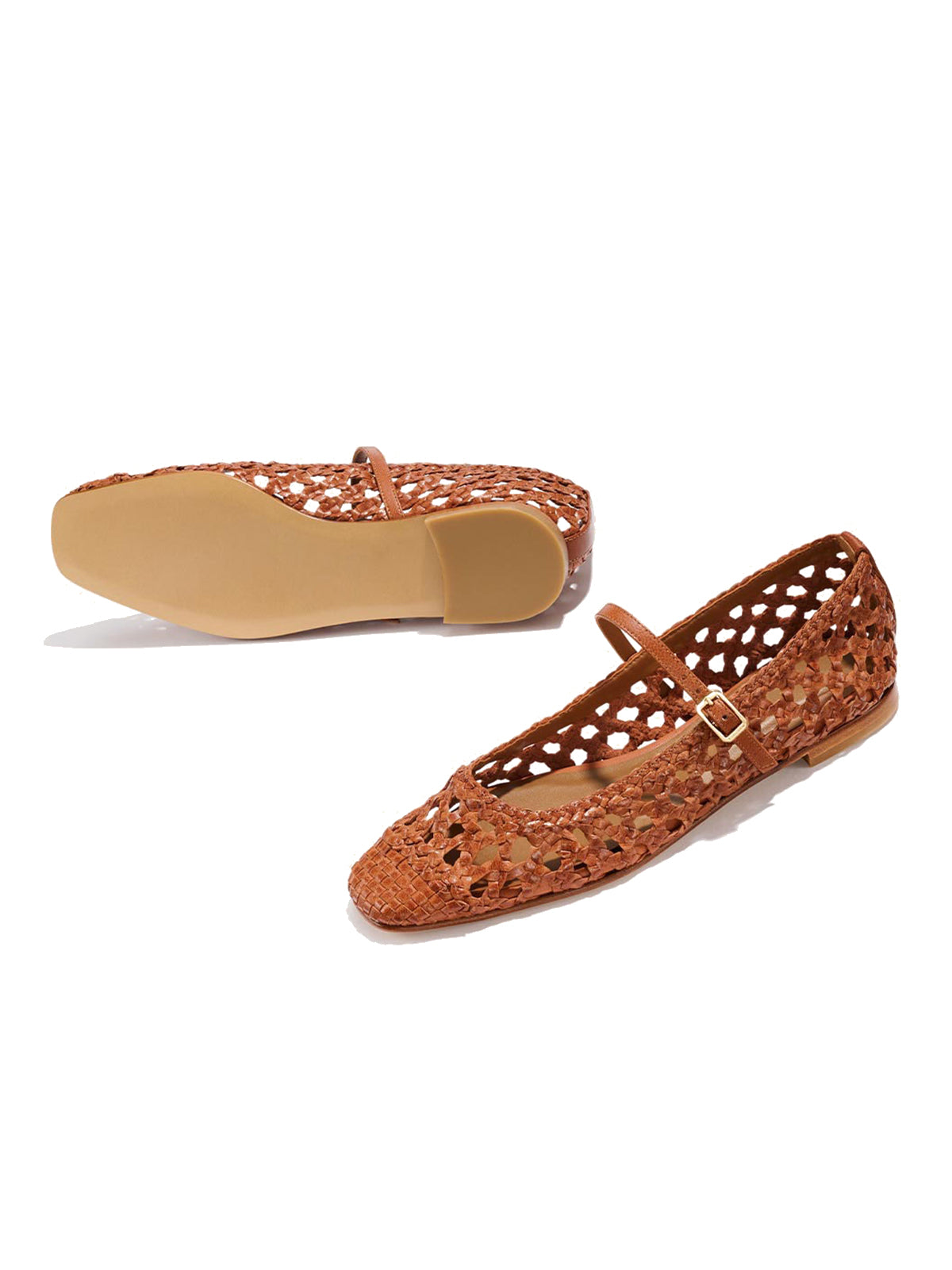 Brown Woven Vegan Leather Square-Toe Chic Mary Jane Flats