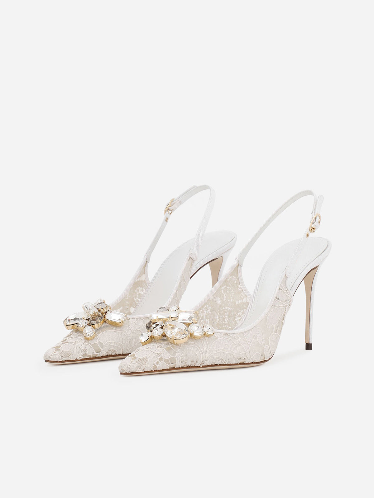 Ivory Lace Mesh Pointed-Toe Front Crystals Slingback High Heels Pumps