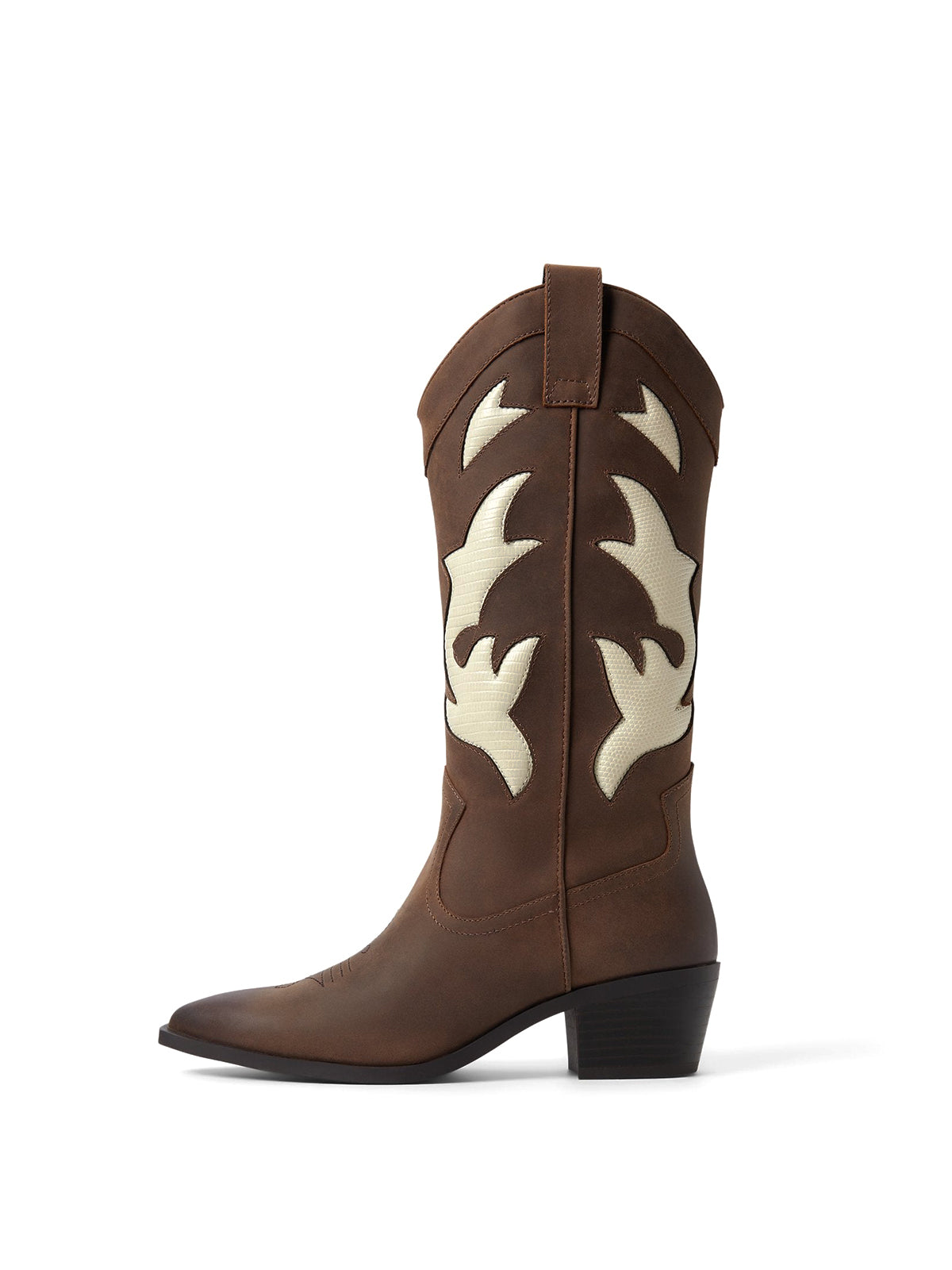 Brown Pointed-Toe Padded Inlay Full-Zip Mid Calf Cowgirl Boots