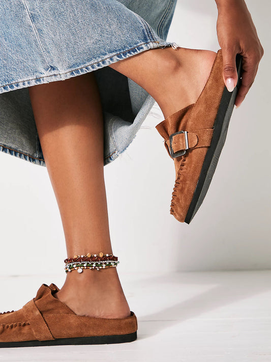 Saddle Faux Suede Round-Toe Buckle Strap Backless Mules Flats