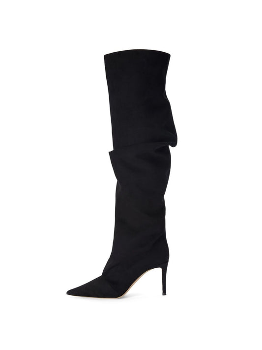 Black Faux Suede Pointed-Toe Sleek Wide Calf Knee High Stiletto Boots