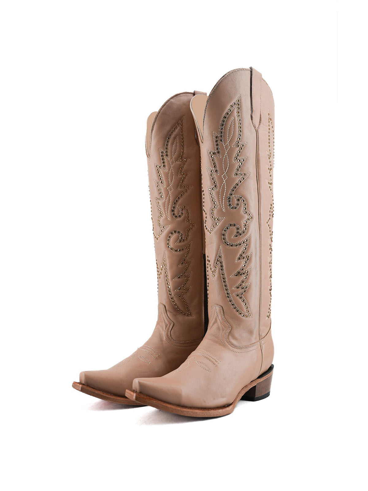 Studs And Embroidery Snip-Toe Classic Half-Zip Knee High Cowgirl Boots – Nude