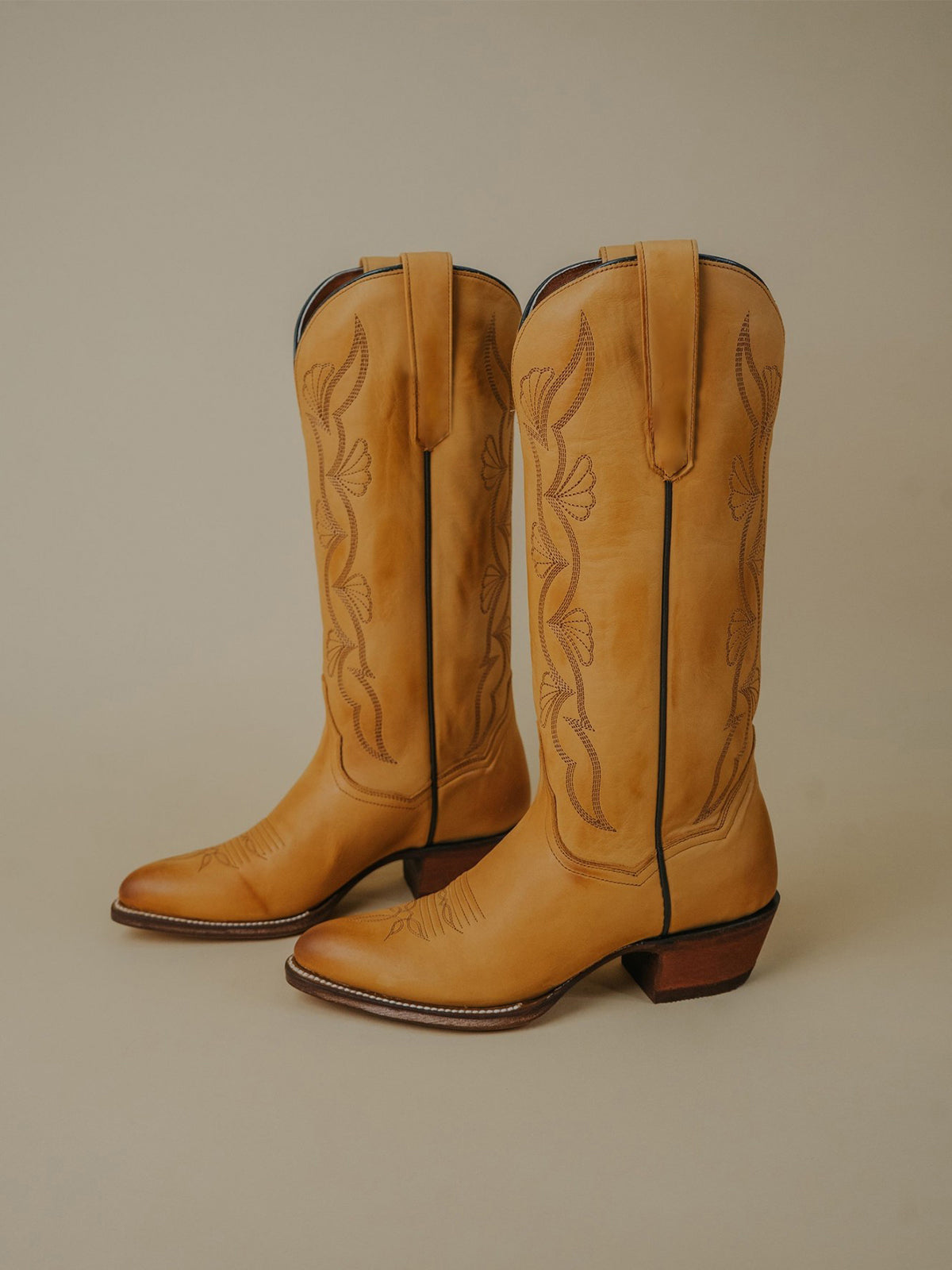 Mustard Yellow Almond-Toe Fan-Shaped Embroidery Wide Knee High Cowgirl Boots