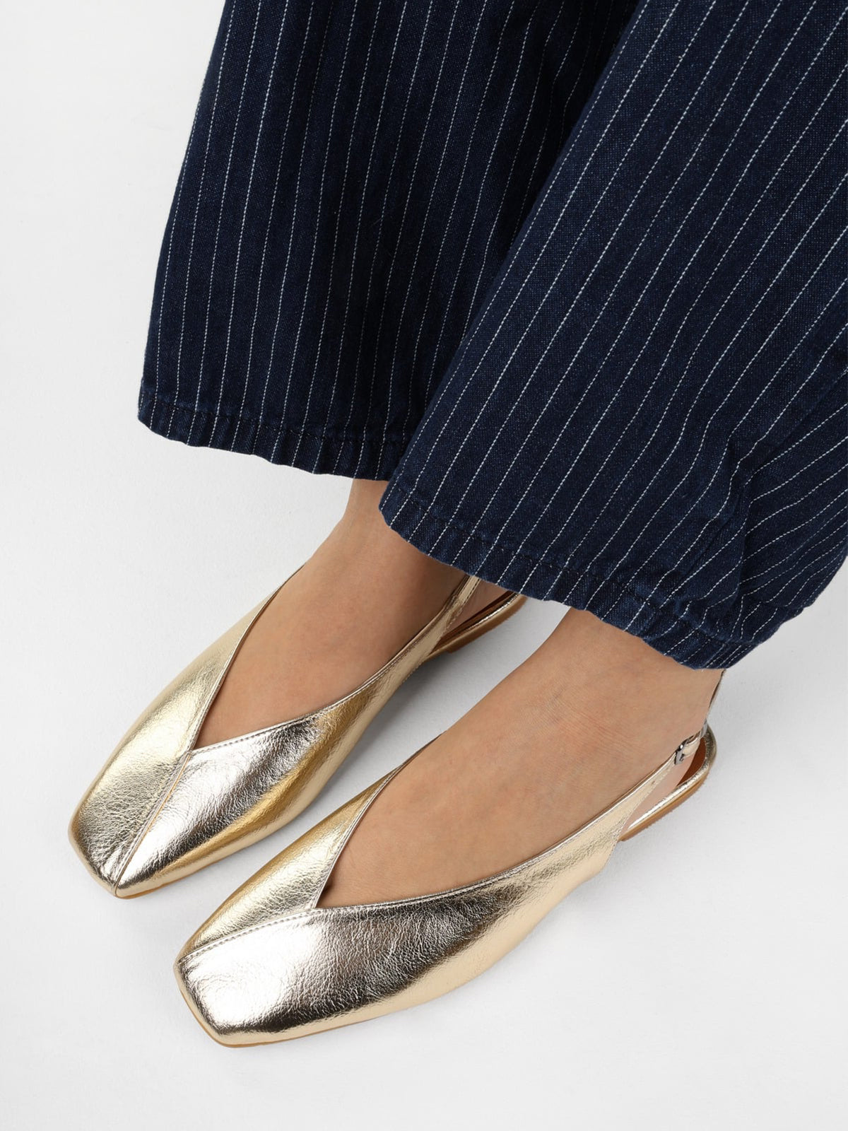 Metallic Gold Square-Toe Classic Buckle Back Strap Slip-On Flats