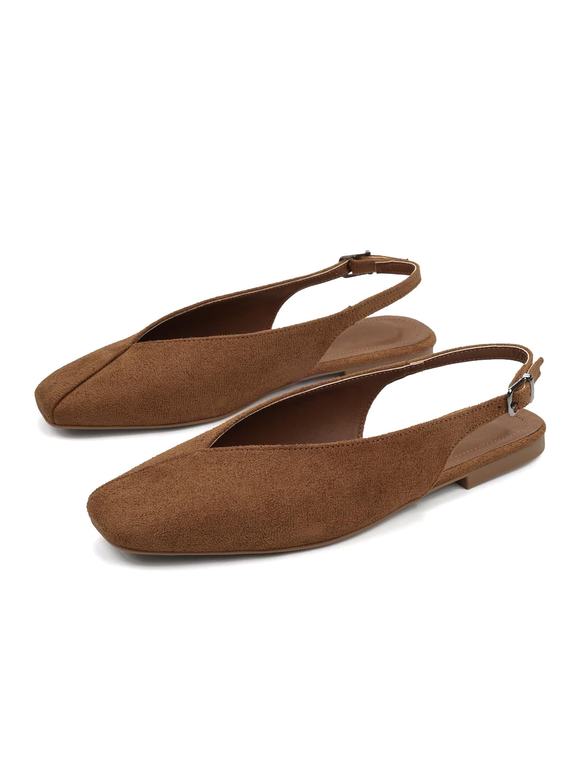 Brown Square-Toe Classic Buckle Back Strap Slip-On Flats