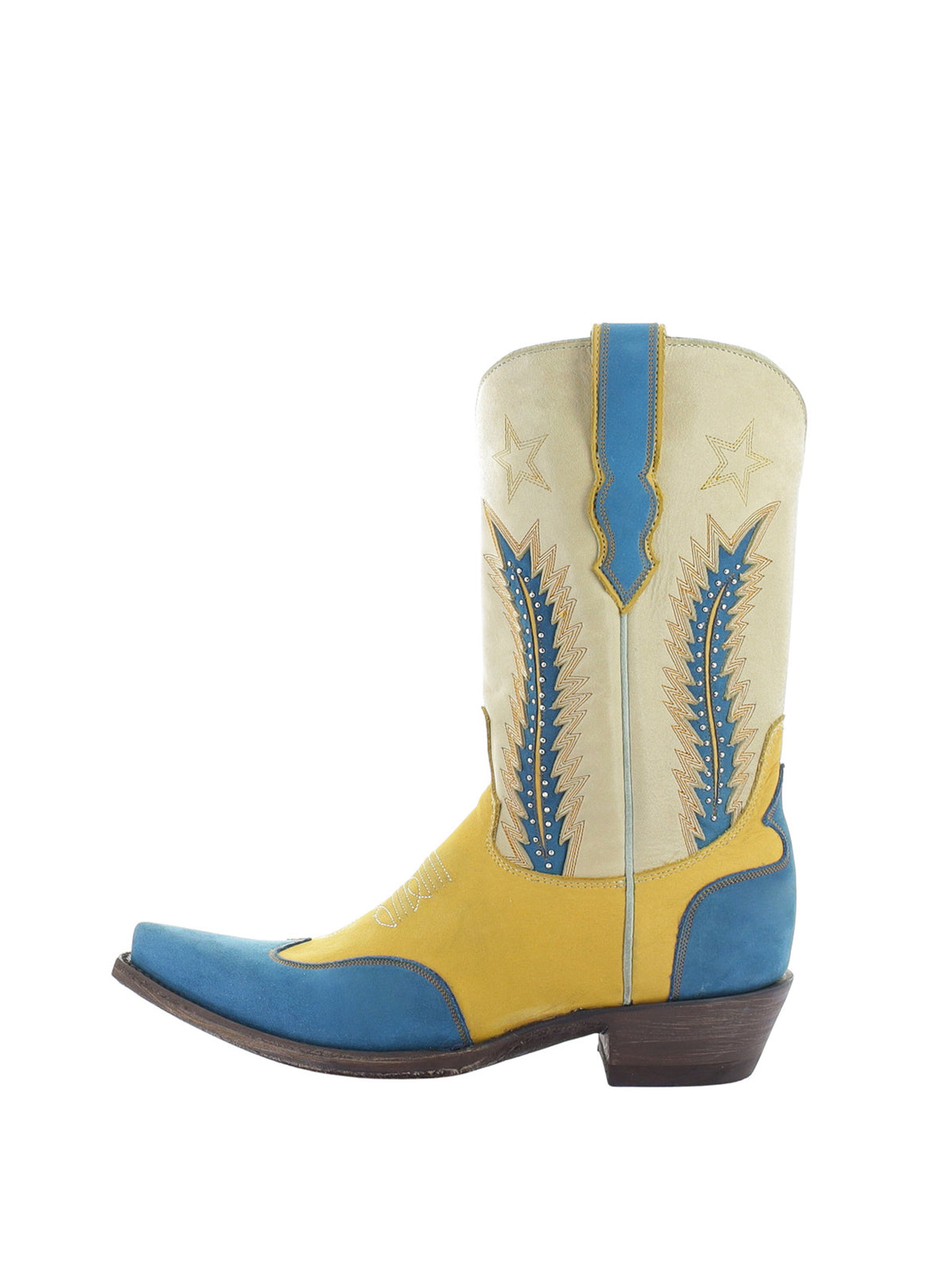Contrast Tri-Color Snip-Toe Star Embroidery Studs Classic Inlay Half-Zip Mid Calf Cowgirl Boots