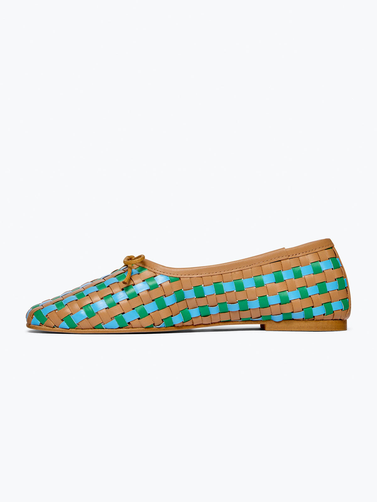 Woven Vegan Leather Square-Toe Front Bow Slip-On Ballet Flats - Cognac And Blue