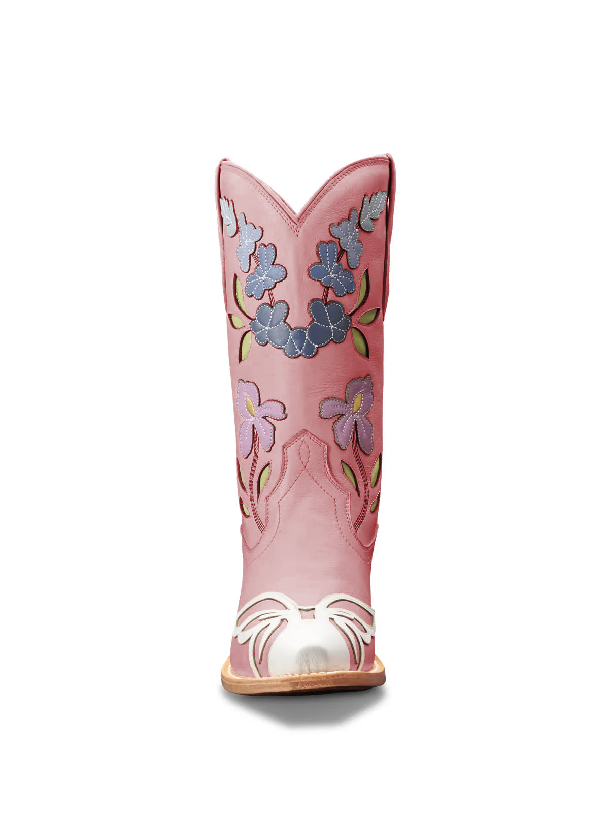 Pink Snip-Toe Flower Applique Mid Calf Pull On Cowgirl Boots