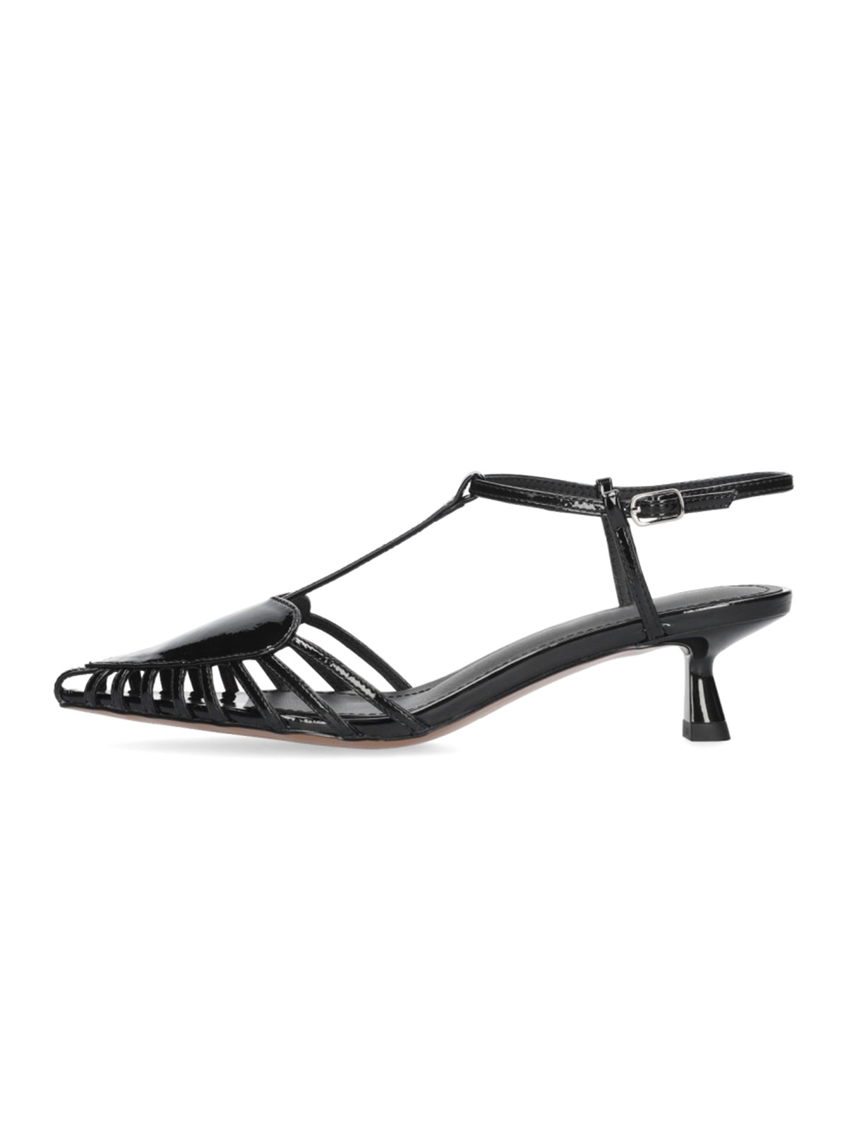 Patent Black Pointed-Toe Front Heart Design Ankle Strap Kitten Heels