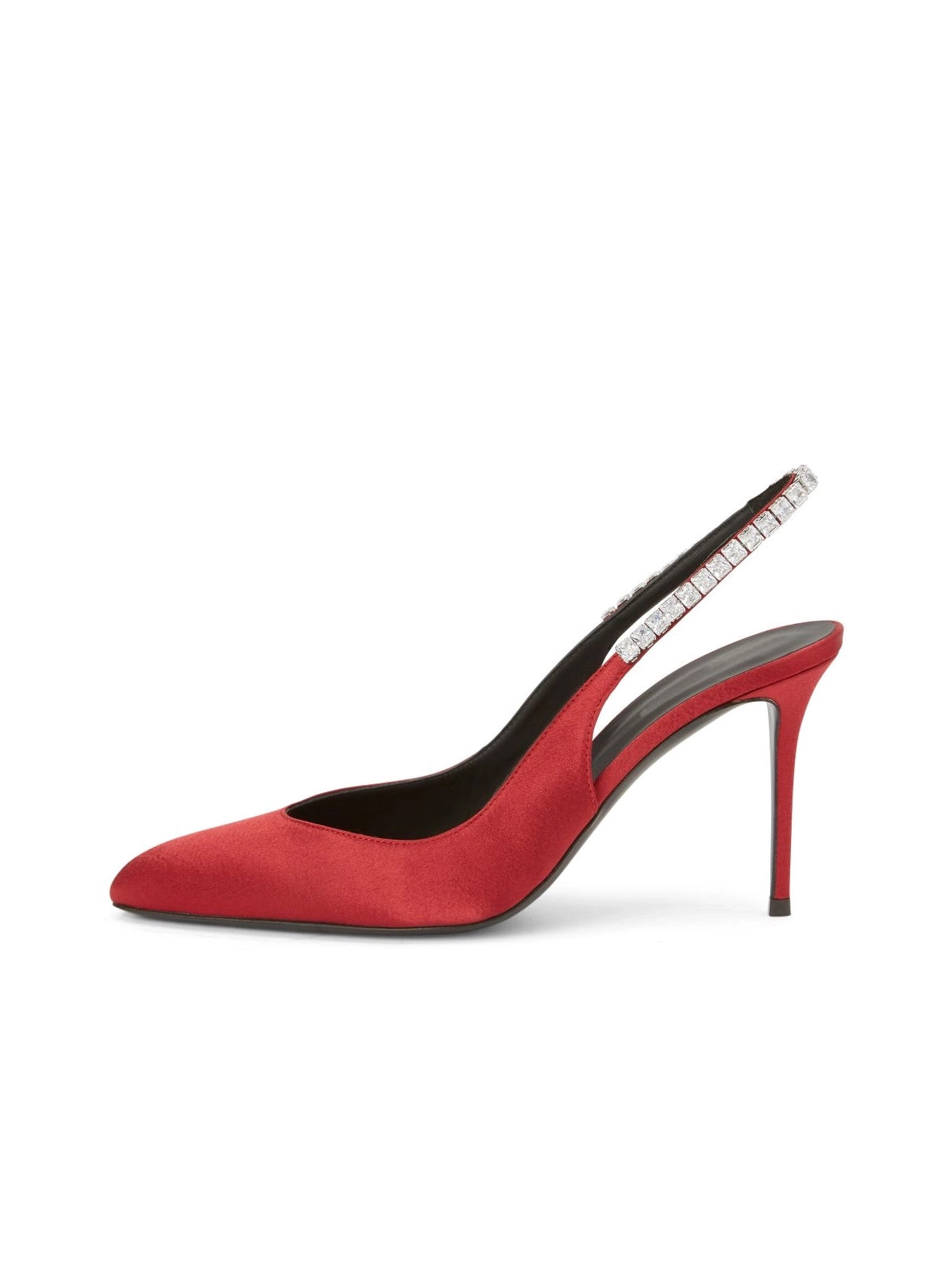Red Satin Pointed-Toe Slingback With Rhinestones High Heels Pumps