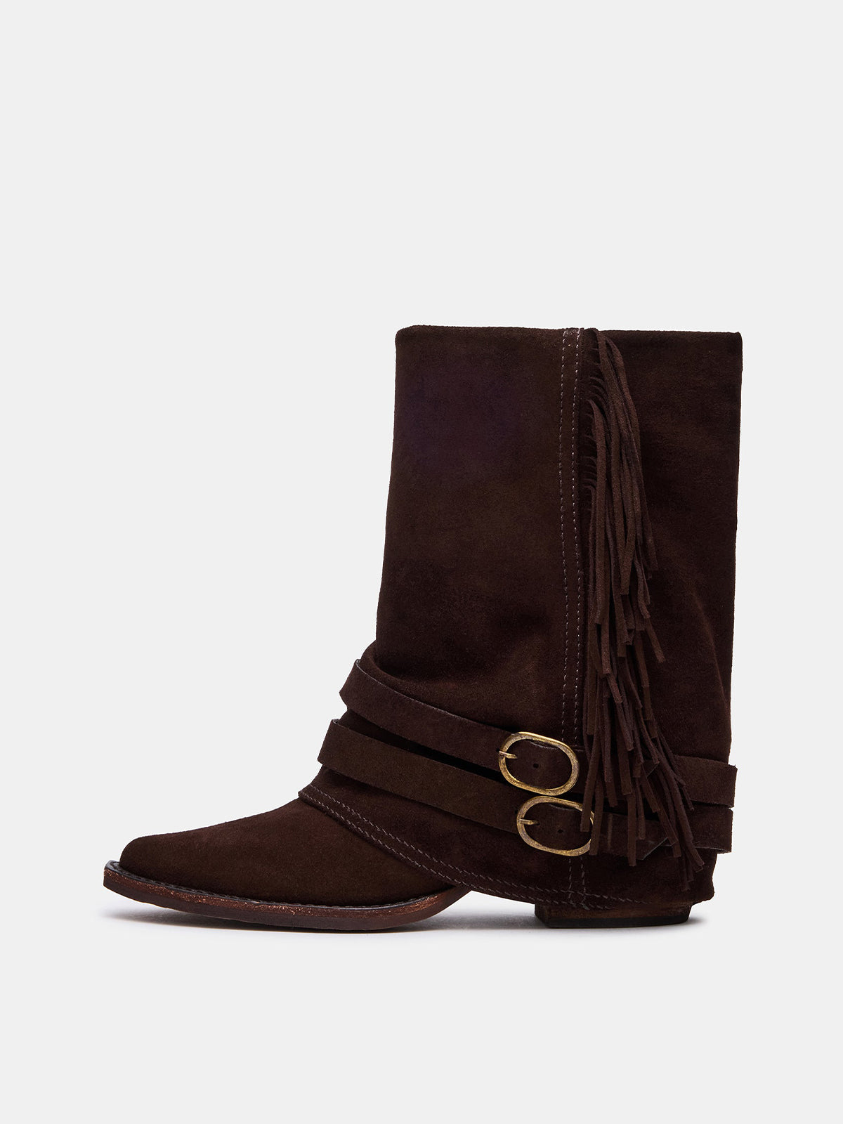 Brown Faux Suede Pointed-Toe Fold-Over Fringe Cowgirl Ankle Boots